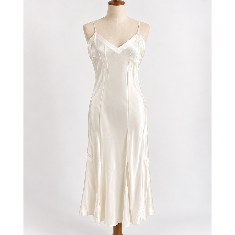 Mary Green Slip Dress Women Large Ivory Silk V-Back Vintage 90s Minimalist